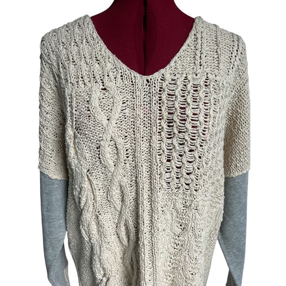 By Together Womens Small 100% Cotton Mix Media Cream Cable Knit V Neck Sweater - Picture 5 of 7